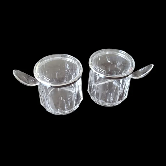 VINTAGE DIAMONDLINE ACRYLIC JAM JARS 2 COUNT WITH SERVING SPOONS 3IN PICNIC - Picture 7 of 13